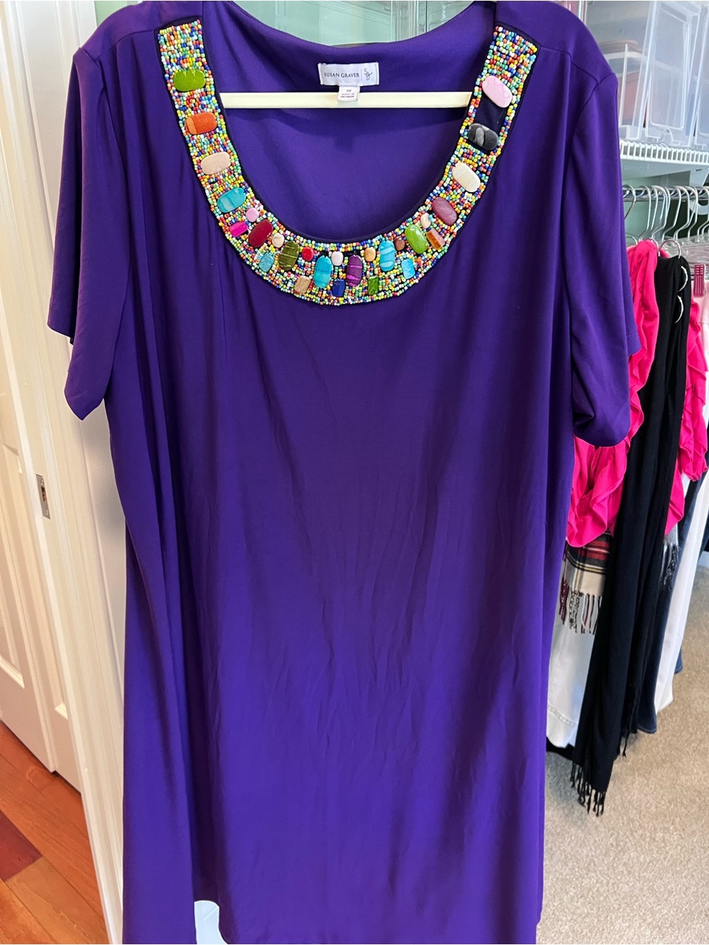 Susan Graver Purple Tunic with Multicolor Beaded Scoop Neck